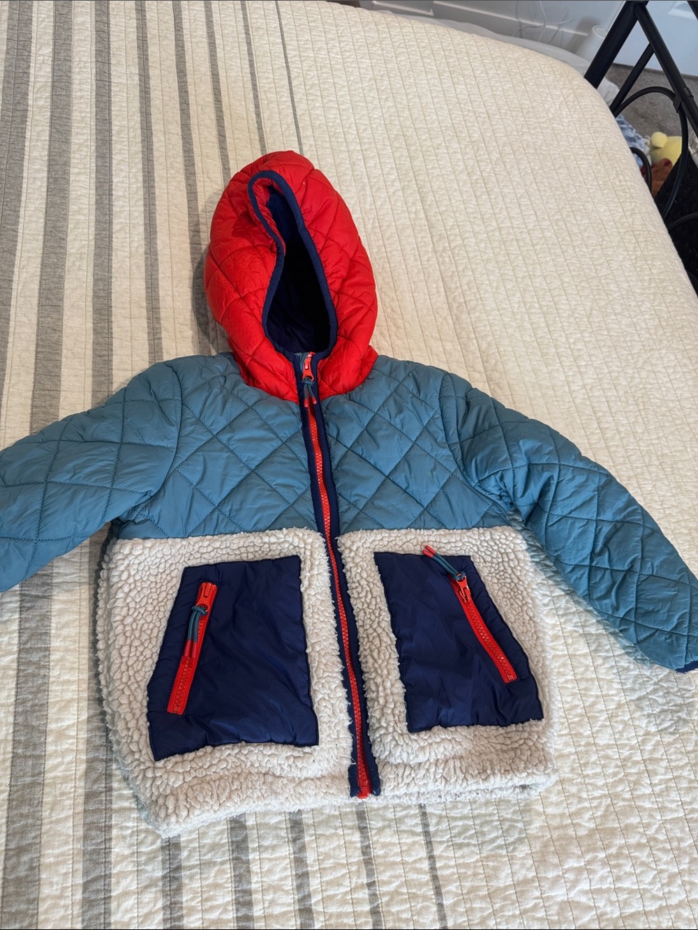 Mini Boden Quilted Blue Puffer Jacket with Red Hood